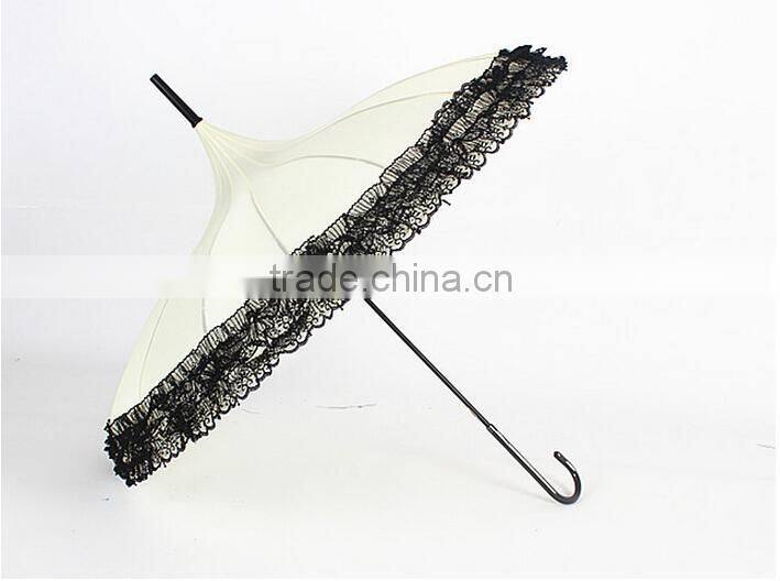 lady umbrella different color Long handle serging pagoda umbrella pagoda parasol with lace edge