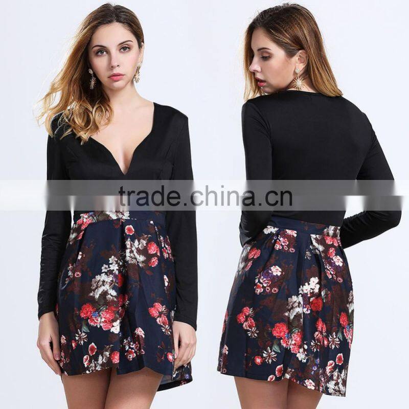 OEM&ODM Welcomed Sexy V Neck Floral Short Mini Dress Long Sleeved RYG-Q123