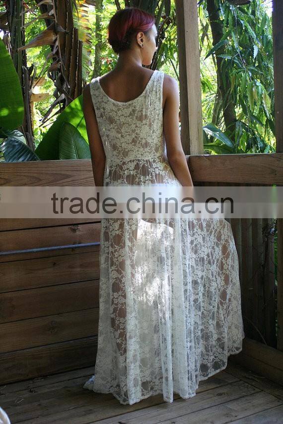 2016 Hot Slae Lace Dress Sexy Summer Beach Cover Up White Sleeveless Hollow Out Long Beach Dresses MX-AU102