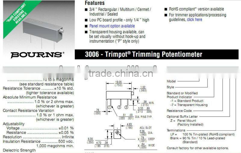 3006P 50K Bourns potentiometer/adjustable resistor/trimming resistor/variable resistor/adjustable potentiometer/trimmer resistor
