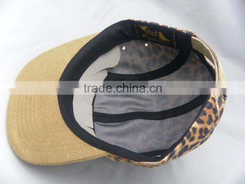 Leopard crown suede brim custom 5 panel camp hat with leather patch
