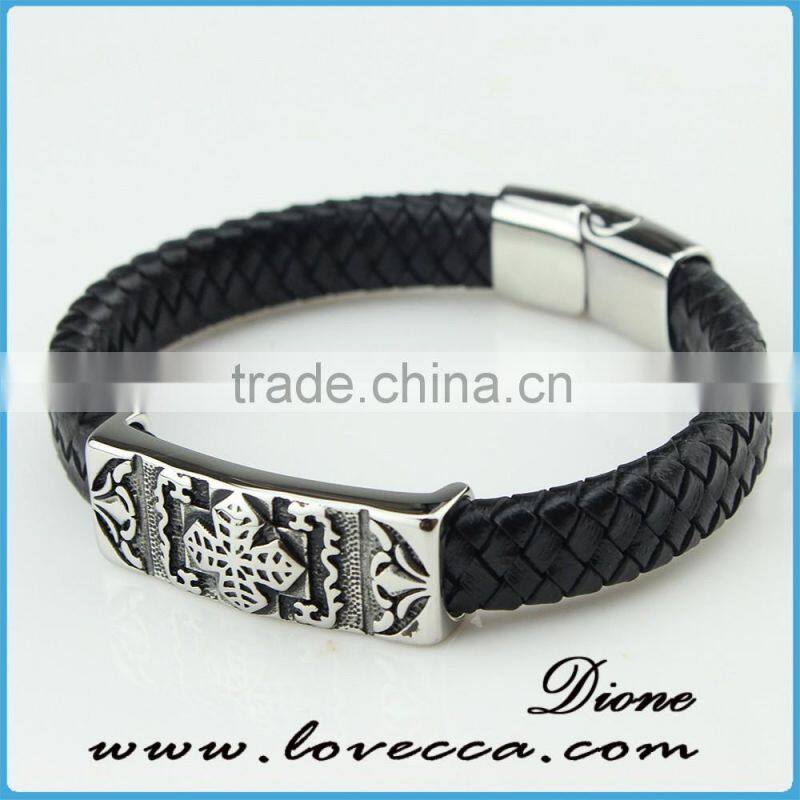 Wholesale cheap engraved braided leather bracelet with fashion charm and stainless steel buckle