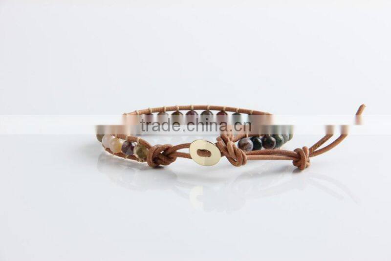6mm natural indian agate women leather bracelet, new fashion bracelet, natural stone bead bracelet