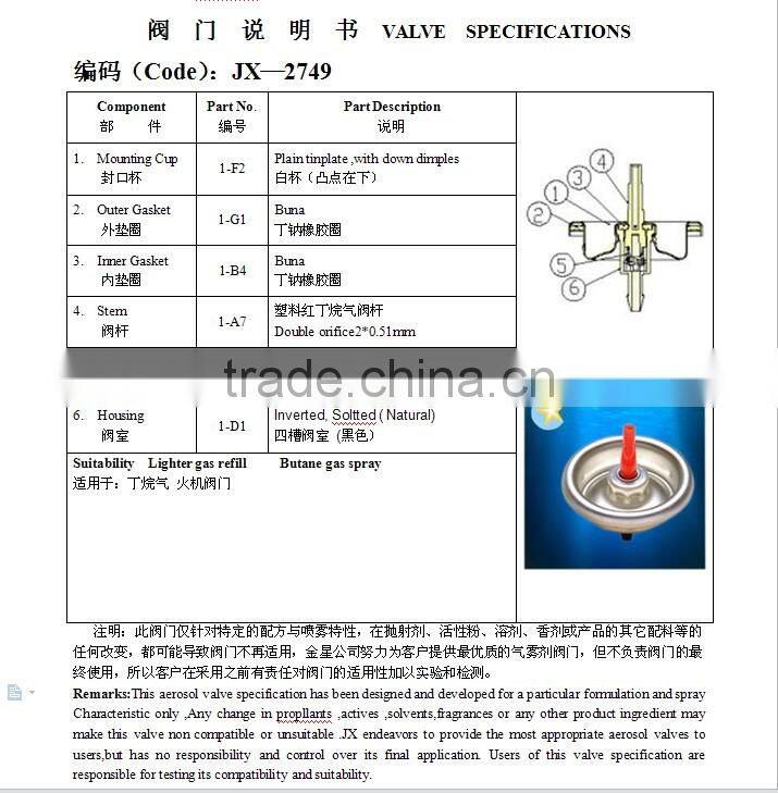 Gas aerosol valve for butane gas