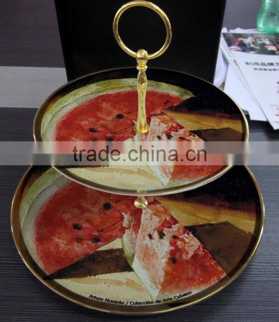 China porcelain two layers circular plate home used Double Cake Dinner Plate with apple fruit decal