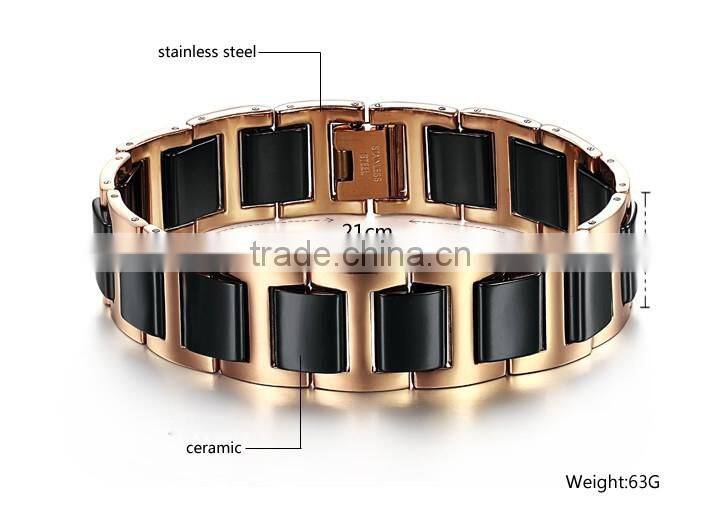 Men's Shiny Polished Two-Tone Gold ,Black Ceramics&Stainless Steel Magnets Link Bracelet