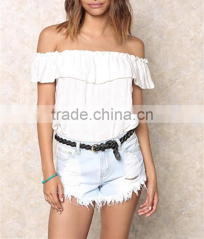 Latest design summer tops 2016 Ivory floral off shoulder crop top HST3794