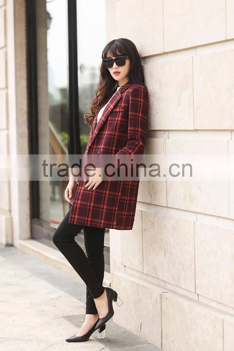 OEM fashion 2016 winter coats plain plaid woolen overcoat for women