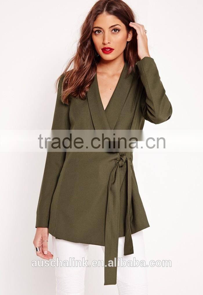 latest lady khaki tie front casual soft blazer elegant design