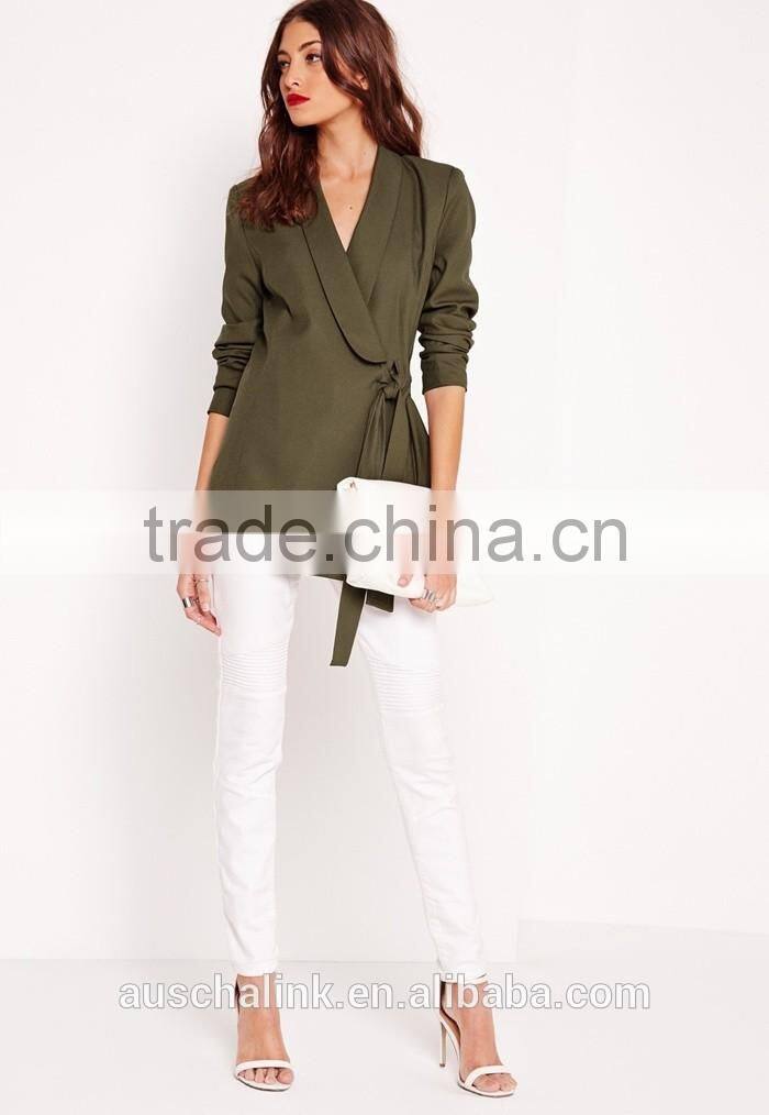 latest lady khaki tie front casual soft blazer elegant design