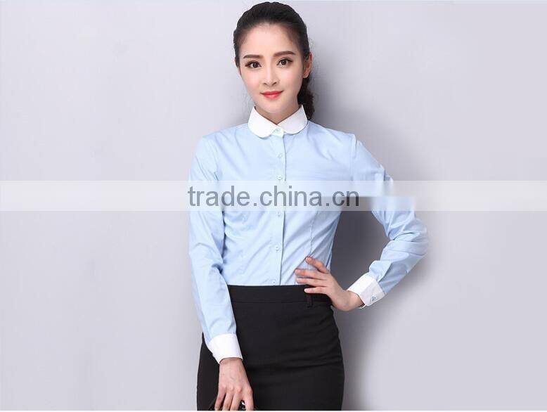 2015 Fashionable collar plain light white and blue lady blouse for women
