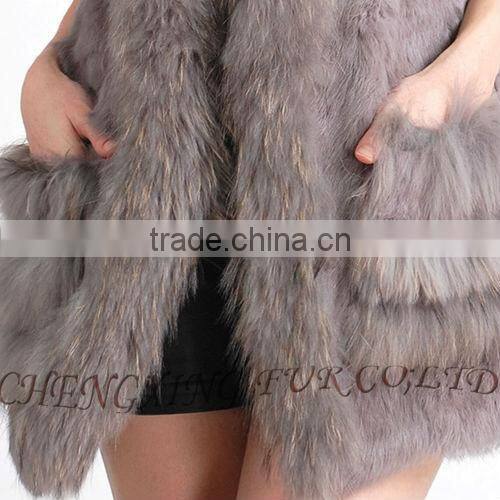 CX-G-B-203 Long Genuine Ladies Rabbit Fur Vest With Racoon Fur Trim ~ Casual Wear
