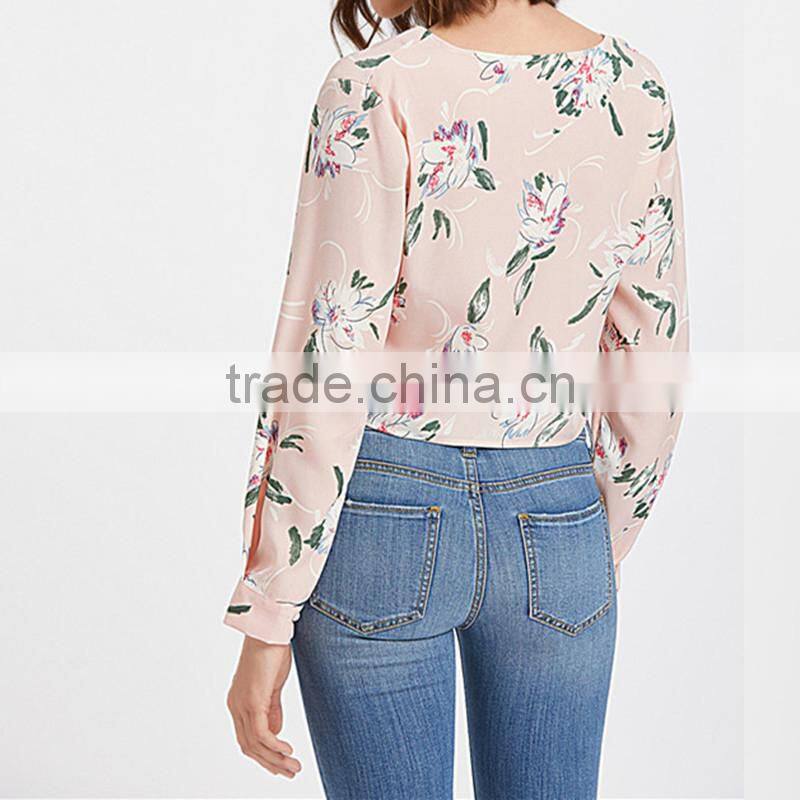Maxnegio flower print V neck woman blouse ladies crop top