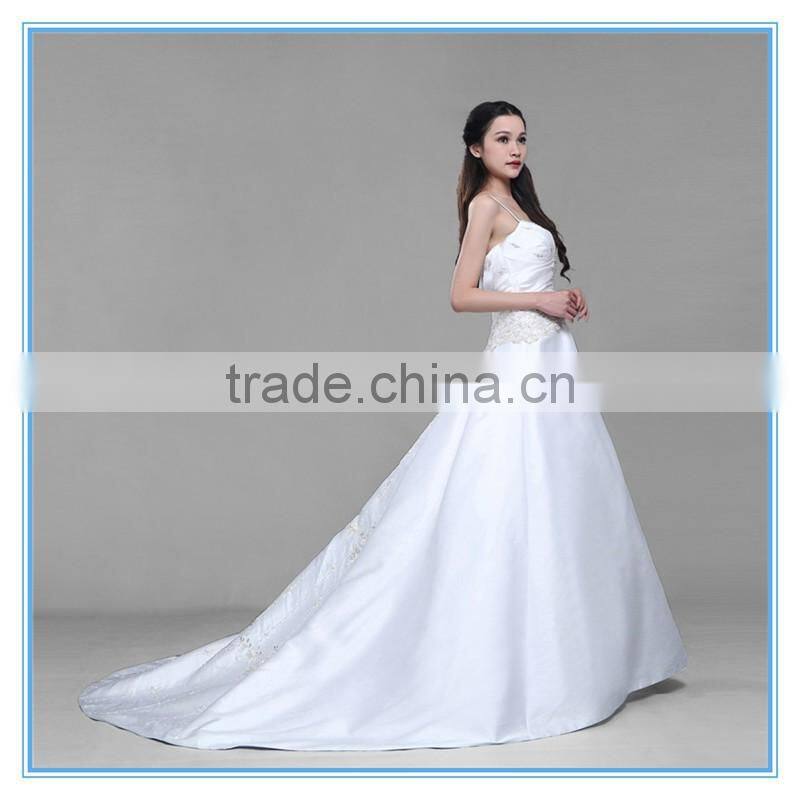 Custom Made Spaghetti Strap Douppioni Hand Embroidery and Beaded A Line Wedding Dress