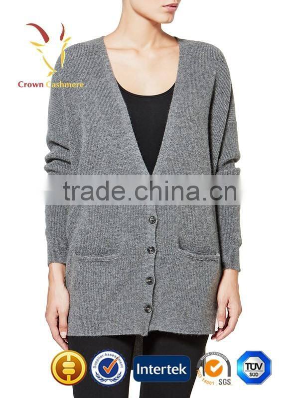 Korean Fashion Women Grey Deep V Neck Cashmere Cardigan