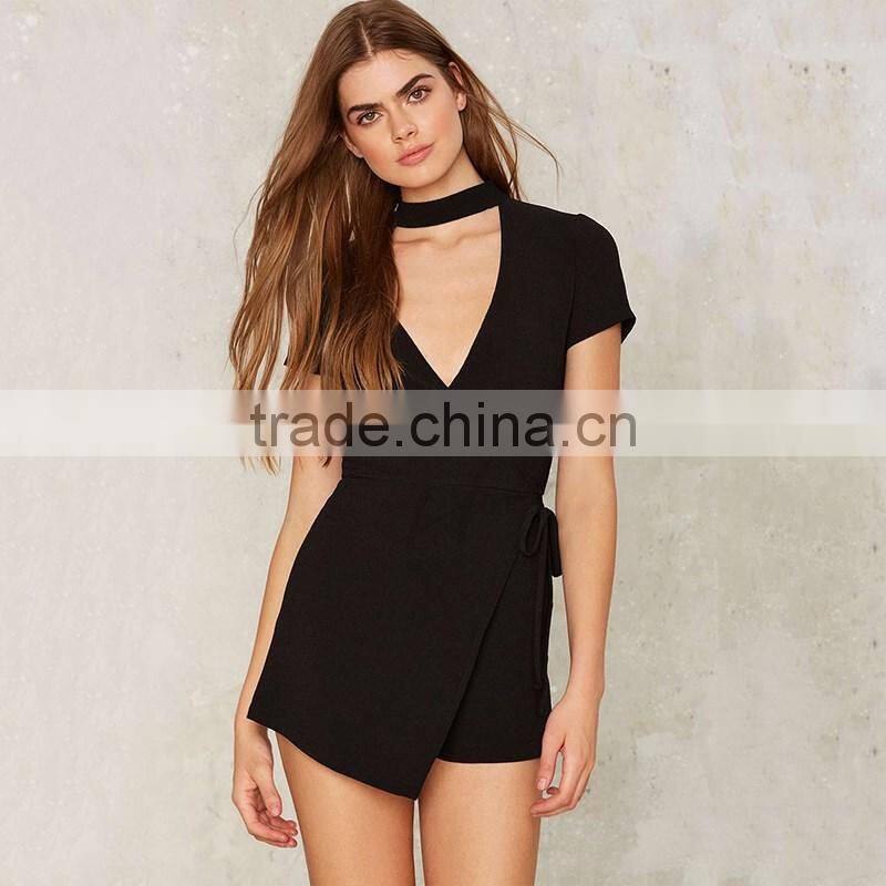 latest designs black deep-v sexy ladies jumsuit summer short sleeve jumpsuit ropmer for women