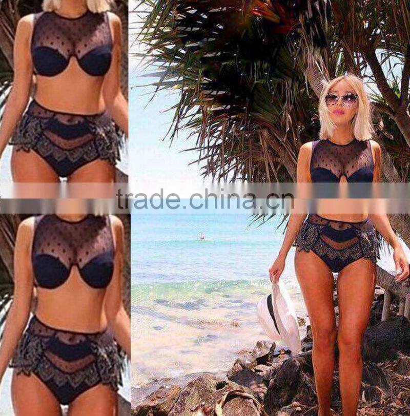 M738 D.Y fashion 2016 ladies women black lace split bikini swimwear beachwear