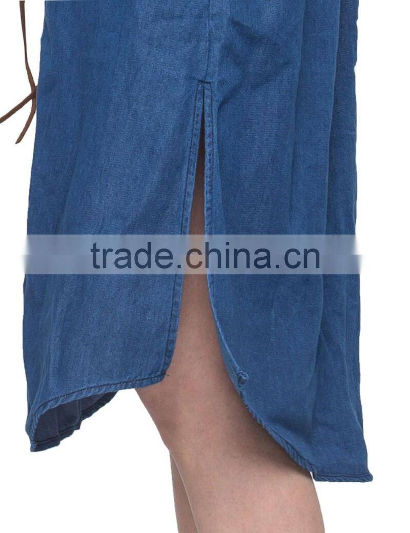 Ladies new design jeans long sleeve casual cotton longline curved hem shirt/blouse