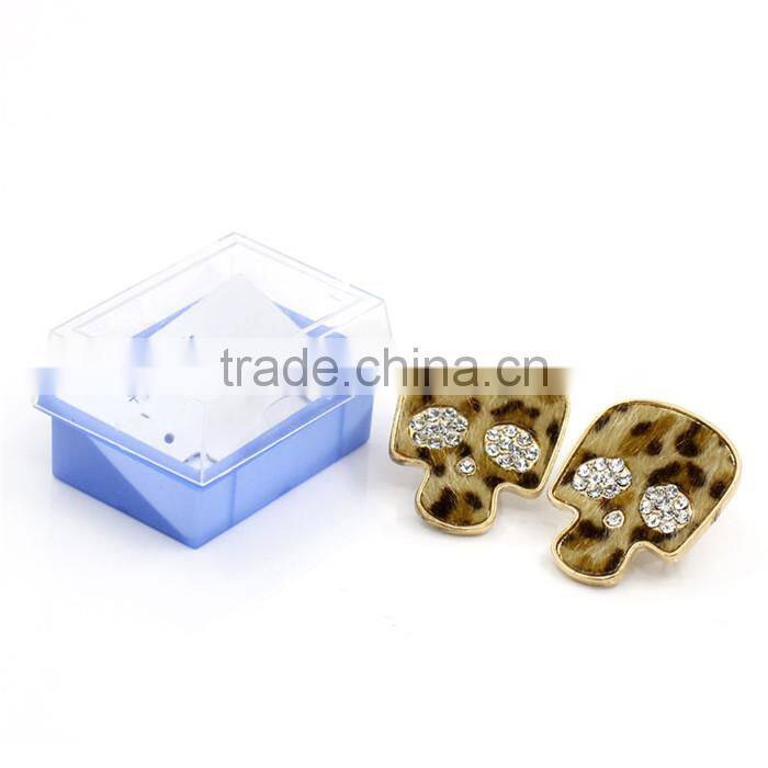 Halloween Skull Earring Post Gold Plated Leopard-Skin Printed Clear Rhinestone W/Gift Box