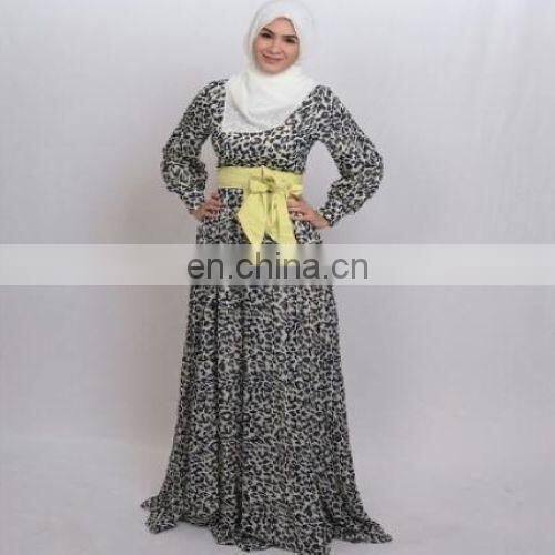 Long sleeve muslim dress for woman,chiffon maxi dress with belt