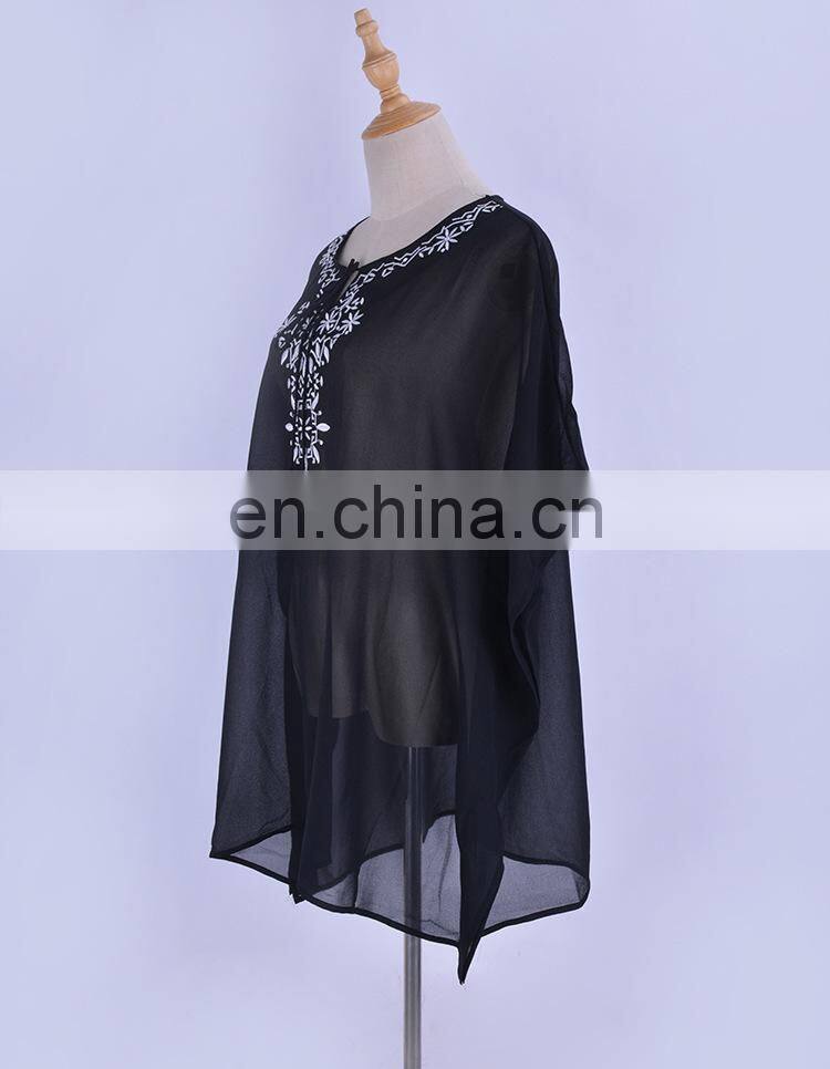 2019 Casual Embroidered V-Neck Batwing Sleeve Summer Beach Dress Black Cotton Tunic Women Beachwear Mini Dress Sarong pareo