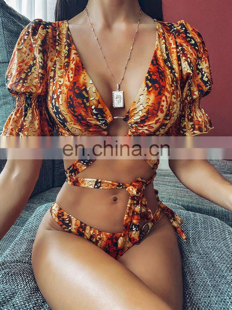 Short sleeved leopard print bikini hot sell swimsuit separated beachwear