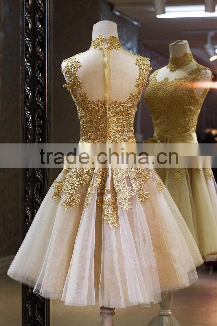 2014 Sweet A-Line High Neck Sleeveless with Appliques Party Dress