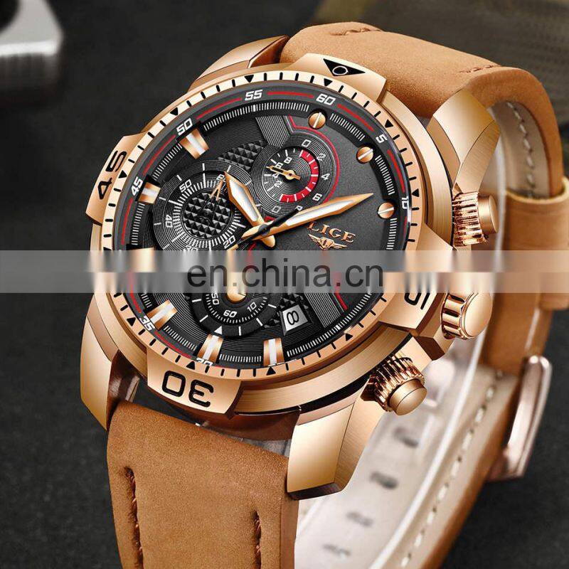 LIGE 9923 Mens Quartz Watch Multifunction Chronograph Fashion Waterproof Leather watch men luxury