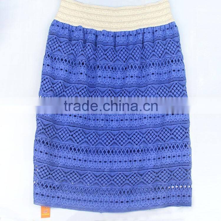 New design promotional soft latest fashion blue knit lace crochet lace skirt for women in stock
