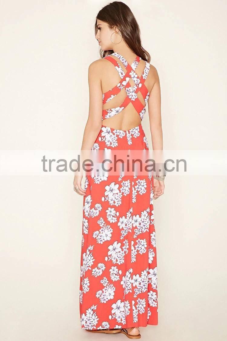 2016 Fashion Printed Floral Cutout-Back Maxi Dress For Women