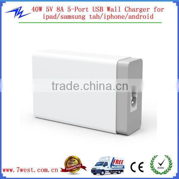 Customized 40W 5V 8A 5 Port Desktop Charger USB Wall Charger for ipad,iphone,android,samusung tab