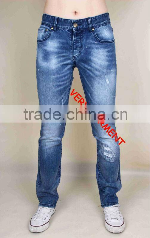 Hight quality ripped wash denim pants straight fit jeans denim jeans men