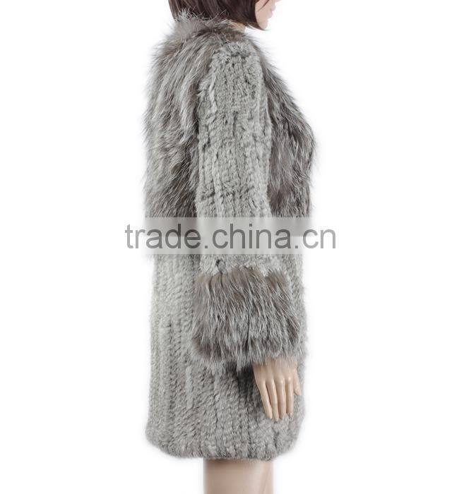 High quality knitted fur coat with rabbit/silver fox fur/high fashion fur style for ladies KZ150105