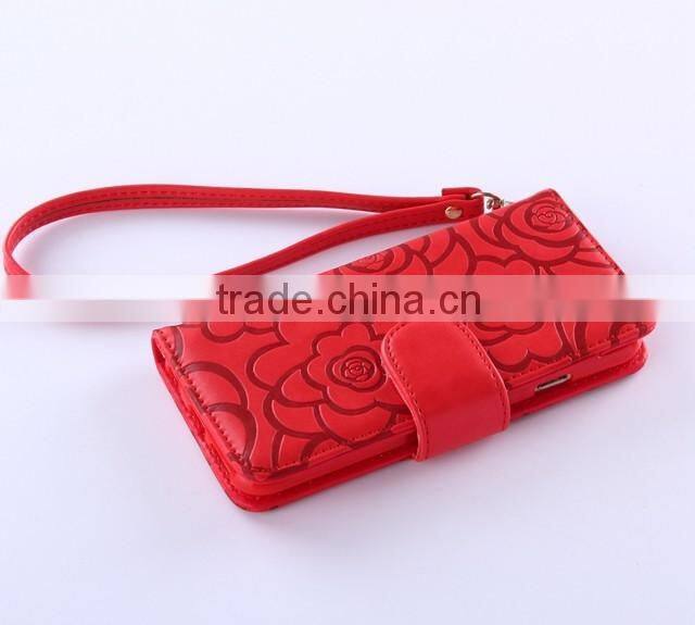 Lady favorite handheld stand fashion rose leather phone cover for iphone 6/ 6 plus with lanyard