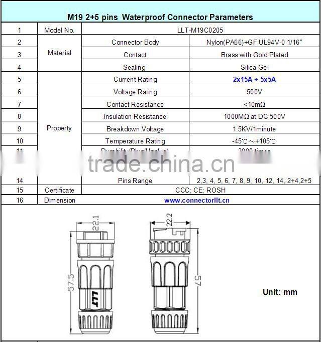 LLT M19 2+5 pins Power and Signal electrical Wateproof Connector