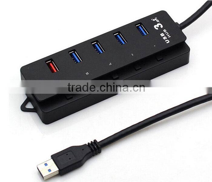 5 Port USB 3.0 HUB Spliter Charging Port Power Switch for iPhone MAC OS Black