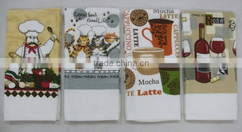 100% cotton flower design 1 pc printing velour towel and 1pc waffle solid color tea towel set