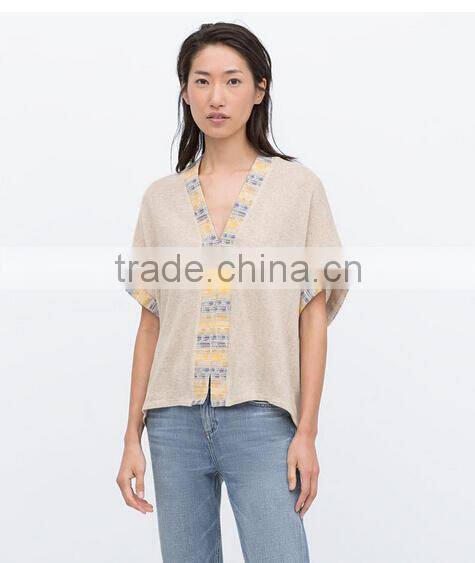 Custom Fashion Knit Casual Women tshirt With Trimming Fabric Pathwork
