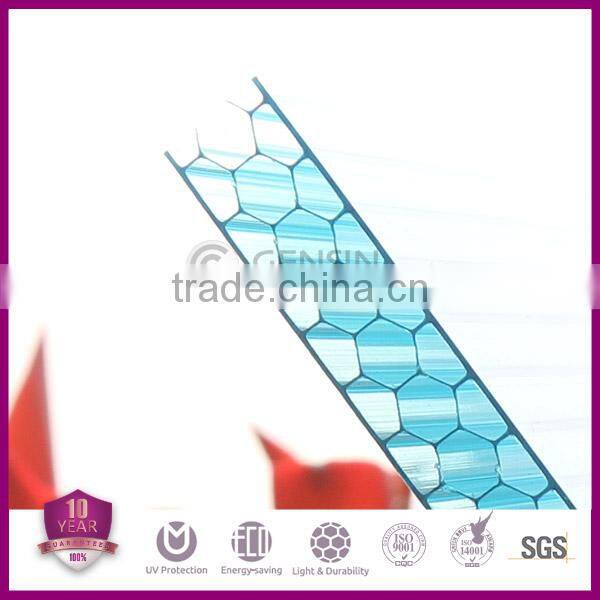 Lake-blue Colored Glass Sheets Polycarbonate Honeycomb Hollow Roofing