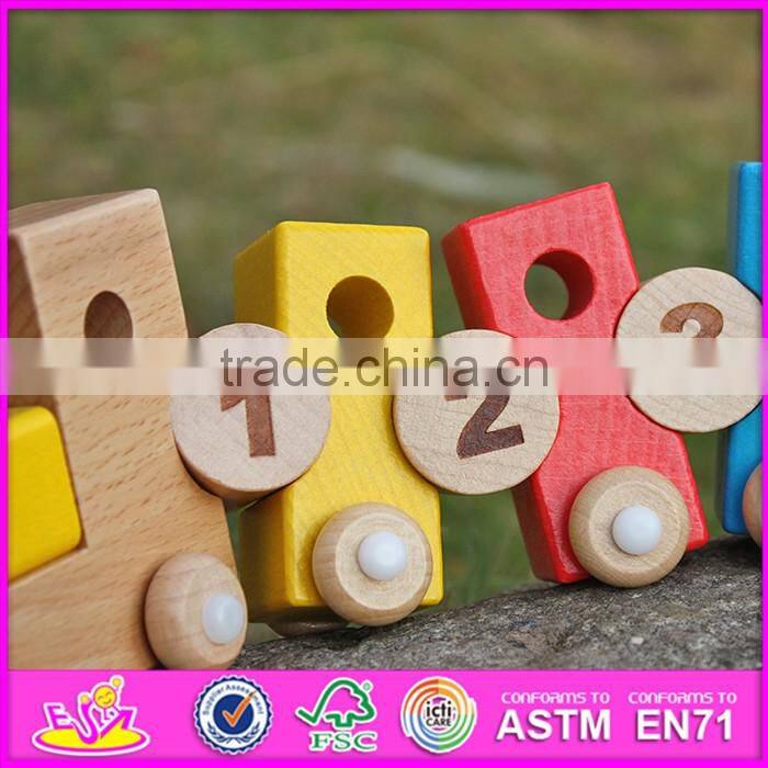 2016 new design educational number and blocks wooden pull toy car W05C079
