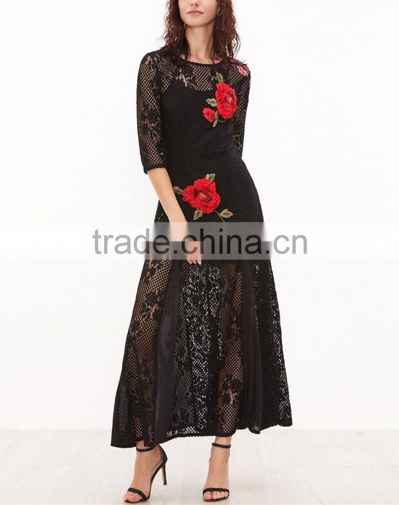 High Quality Brand Black Flower Embroidered Maxi Dresses Ladies Elegant Hollow Out Crochet Long Dresses Women's