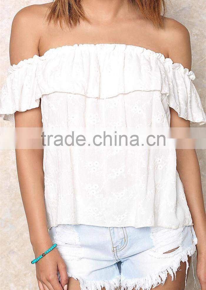 Latest design summer tops 2016 Ivory floral off shoulder crop top HST3794