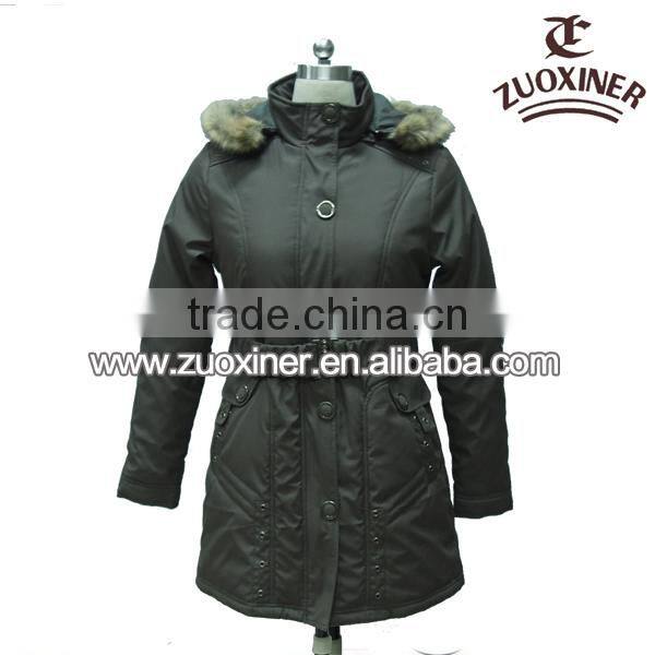 ladies maxi padding cotton coats with fur collar hood