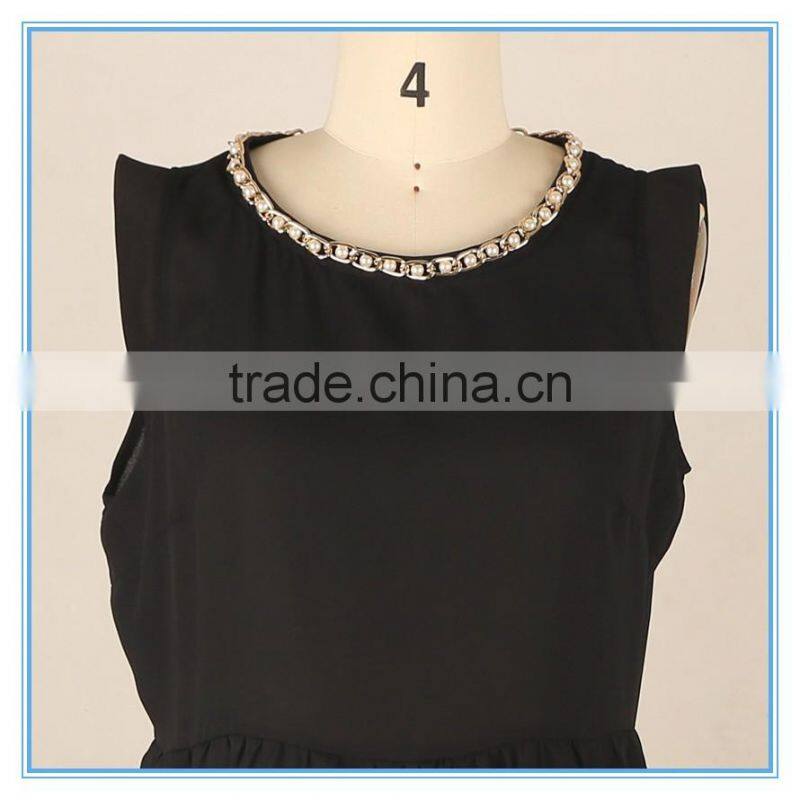 Ladies Chiffon Blouse Flounced Hem Pearl Beaded Neck Design Sleeveless Blouse