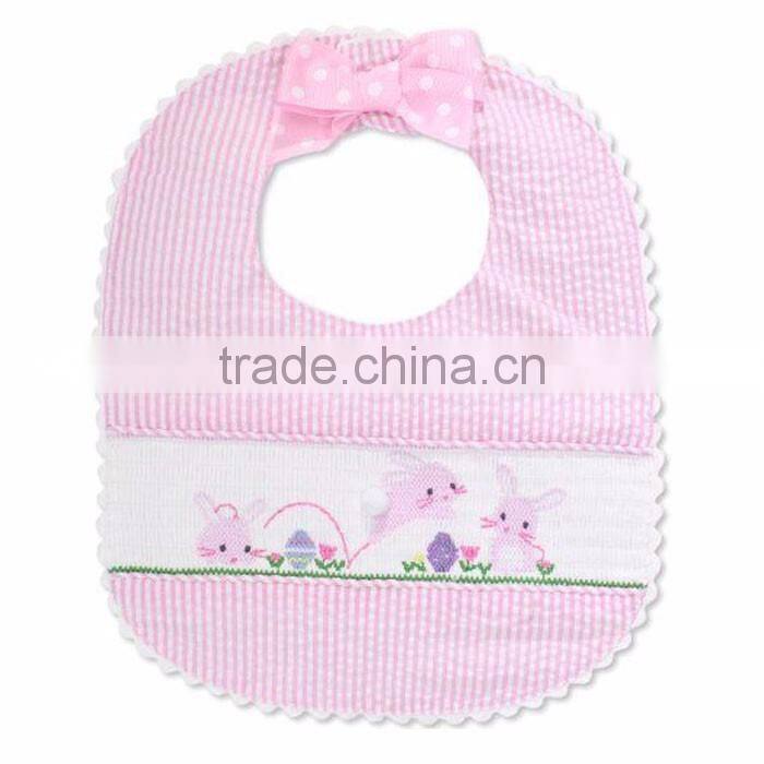 Boutique Easter Holiday Baby Bandana Drool Bibs Pink Seersucker Bunny Smocked Bibs