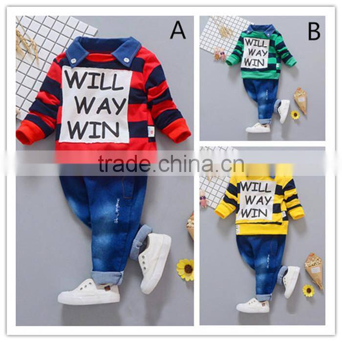 AS-409B 2017 children's clothing long sleeve t shirt+denim pants organic cotton baby clothing in india