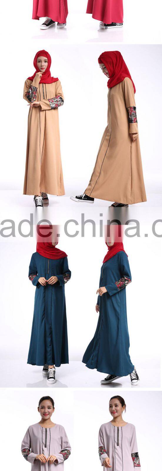 Zakiyyah 609 Wholesale islamic abaya new model with floral sleeve Zipper Front abaya in solid color in dubai