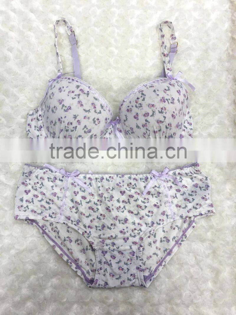 Lovely flower printed hot sale sexy ladies fancy bra panty set