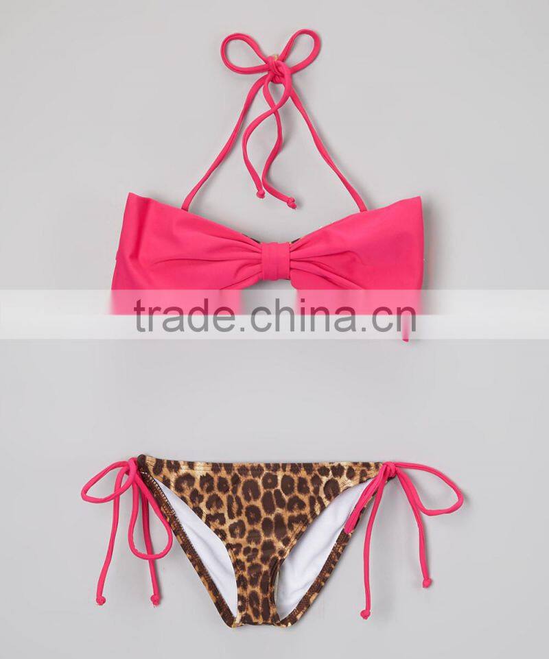 New Style Girl Beachwear With Hot Pink And Leopard Bow Bandeau Bikini Girl Swimsuit Kids Wear G-NP-TR905-329
