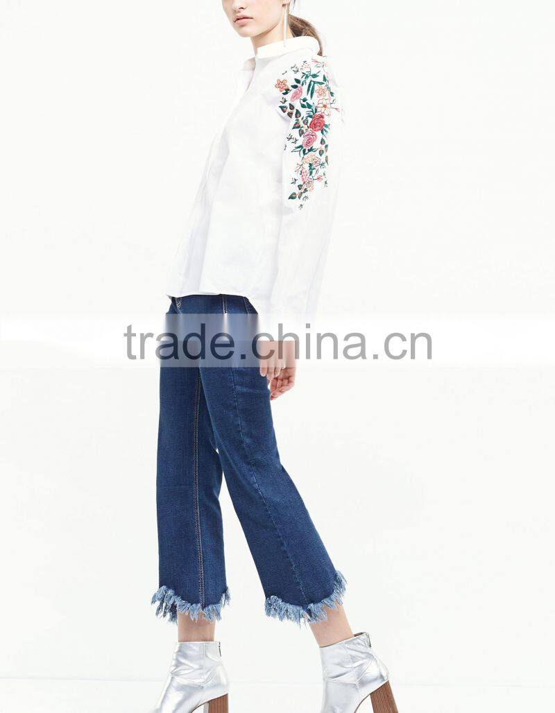2017 spring and summer national style embroidered long sleeve blouse lapel embroidery white cotton shirt